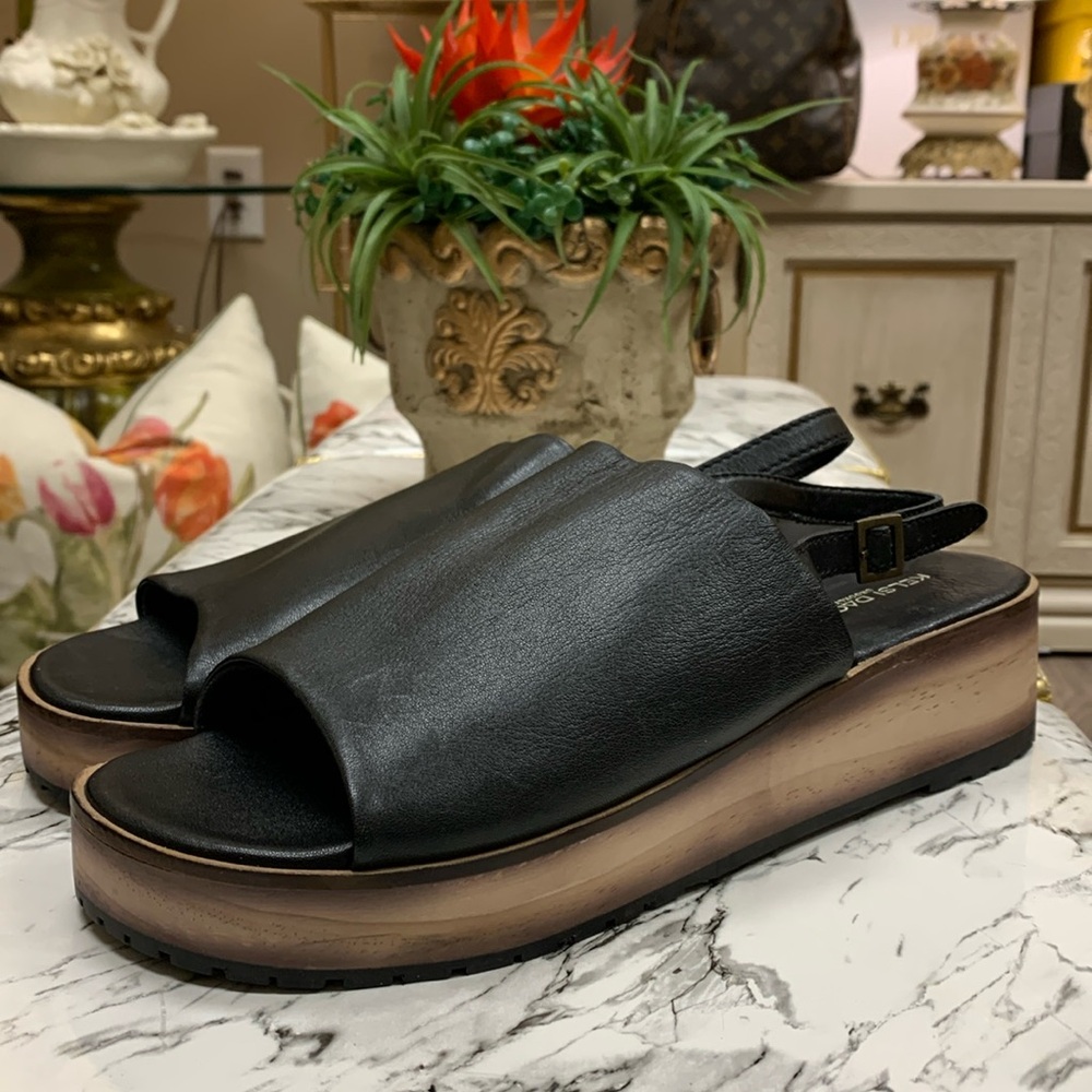Kelsi Dagger Brooklyn Wedge Black Leather Sling-Back Platform Sandal Size 10 M